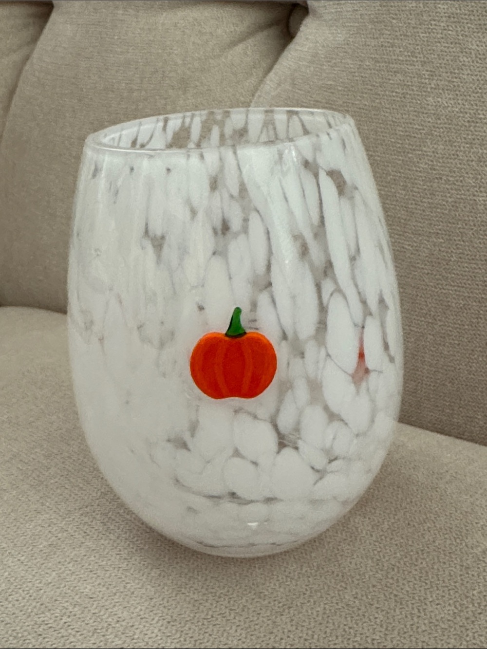 Way to Celebrate Pumpkins on White Tye Dye Art Glass Wine Tumbler